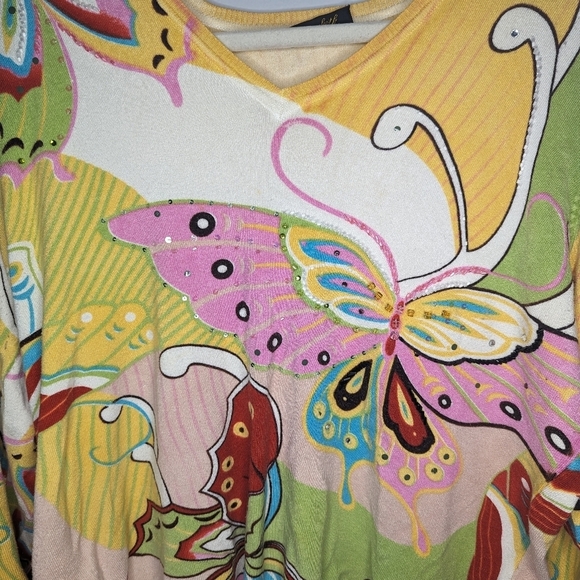 Y2K Vintage Elizabeth New York Sequin Butterfly Floral Nature Sweater Womans XL - Picture 2 of 11